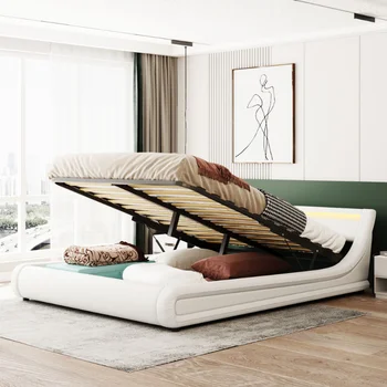 Кровать-платформа из искусственной кожи с гидравлической системой хранения, со светодиодной подсветкой, Каркас кровати с