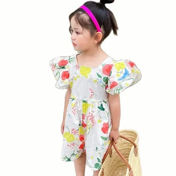 Летняя одежда для малышей, одежда для маленьких девочек, комбинезон с цветочным рисунком, короткий рукав, пуговицы с лацканами, комбинезоны