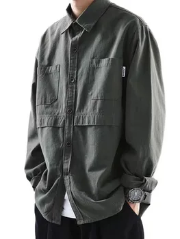 Винтажная мужская рабочая рубашка-карго, хлопковая рубашка в стиле милитари, мужская повседневная одежда в стиле сафари, Тонкая рабочая одежда цвета Хаки