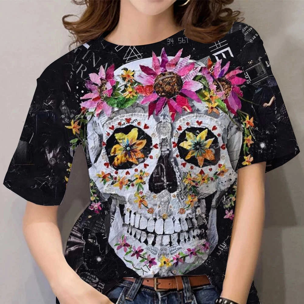2022 Женская футболка, короткая винтажная футболка с 3D принтом черепа, летний топ, футболка, платье оверсайз для девочек, футболка Kawaii Harajuku 0