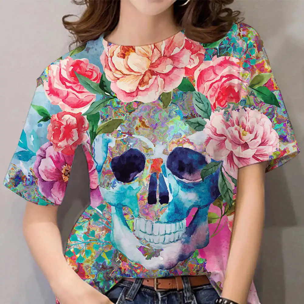 2022 Женская футболка, короткая винтажная футболка с 3D принтом черепа, летний топ, футболка, платье оверсайз для девочек, футболка Kawaii Harajuku 1
