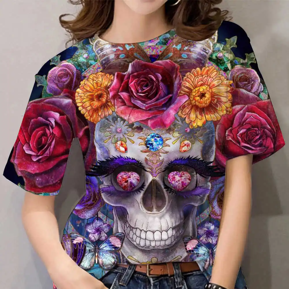 2022 Женская футболка, короткая винтажная футболка с 3D принтом черепа, летний топ, футболка, платье оверсайз для девочек, футболка Kawaii Harajuku 2
