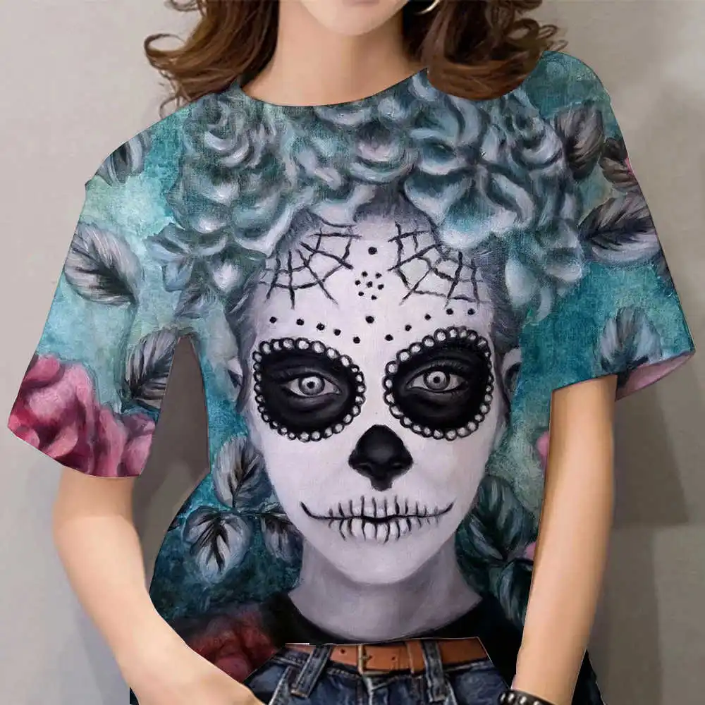 2022 Женская футболка, короткая винтажная футболка с 3D принтом черепа, летний топ, футболка, платье оверсайз для девочек, футболка Kawaii Harajuku 5