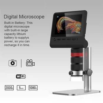 Цифровой микроскоп WiFi с разрешением 1080P 5 мегапикселей, промышленный микроскоп с 5 дюймовыми режимами фото- и видеосъемки с 8 светодиодными лампами Держатель