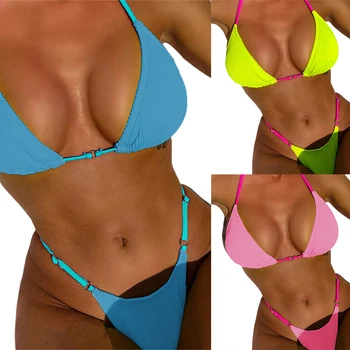 Женское летнее бикини, комплект из 2 предметов, бюстгальтер контрастного цвета с подвешенной шеей + купальник-стринги с низкой талией