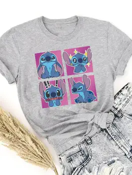 Летняя футболка Disney Stitch, повседневная женская клетчатая футболка, трендовый стиль 90-х, футболки с короткими рукавами и рисунком из мультфильмов, Модная одежда с принтом