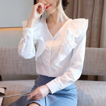 Блузка с длинным рукавом, женские блузки Mujer De Moda 2023, шифоновая блузка с оборками и V-образным вырезом, топ-рубашка, женские блузки, рубашки, топы Blusa D503