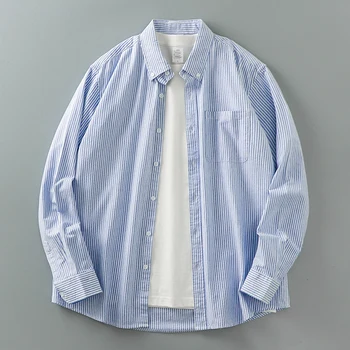 2023 Хлопчатобумажная Рубашка В Полоску Мужская Японская Корейская Уличная Мода Свободные Повседневные Американские Винтажные Мужские Топы-Карго и Блузка A02