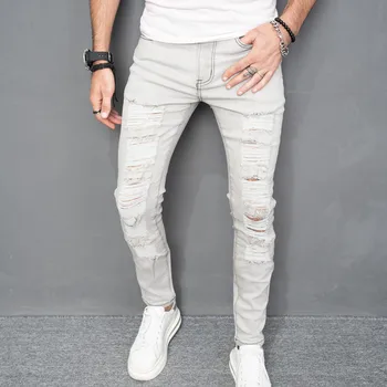 Лето 2023, новые мужские джинсы, простые потертые и рваные, повседневные джинсы для маленьких ножек, мужской тренд