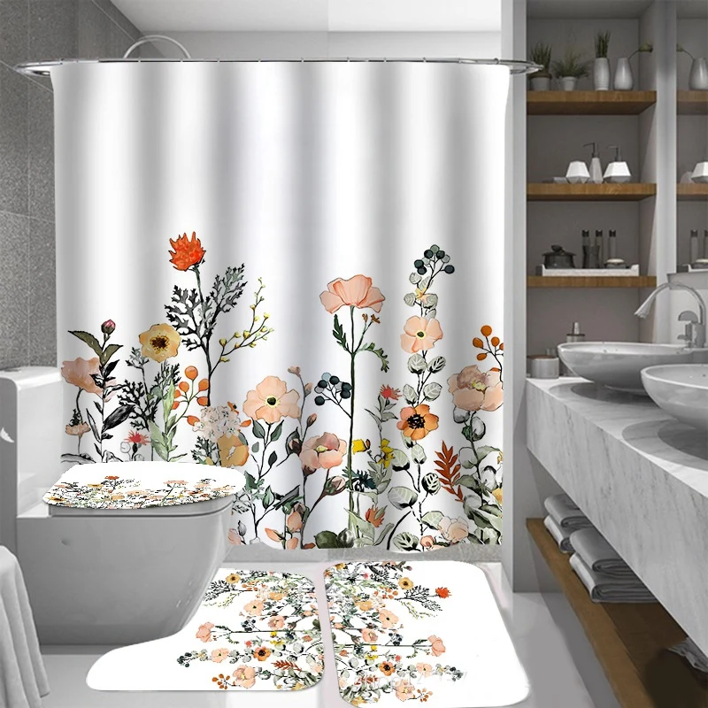 Цветочная занавеска для душа с 12 крючками Акварельные ботанические цветы Декоративная занавеска для ванны Современные аксессуары для ванной комнаты 1