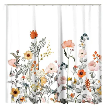 Цветочная занавеска для душа с 12 крючками Акварельные ботанические цветы Декоративная занавеска для ванны Современные аксессуары для ванной комнаты