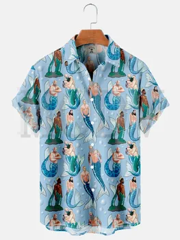 Винтажная Забавная Гавайская рубашка с карманом и принтом Русалки с коротким рукавом, стрейчевые футболки Aloha с музыкальным автомобилем Оверсайз