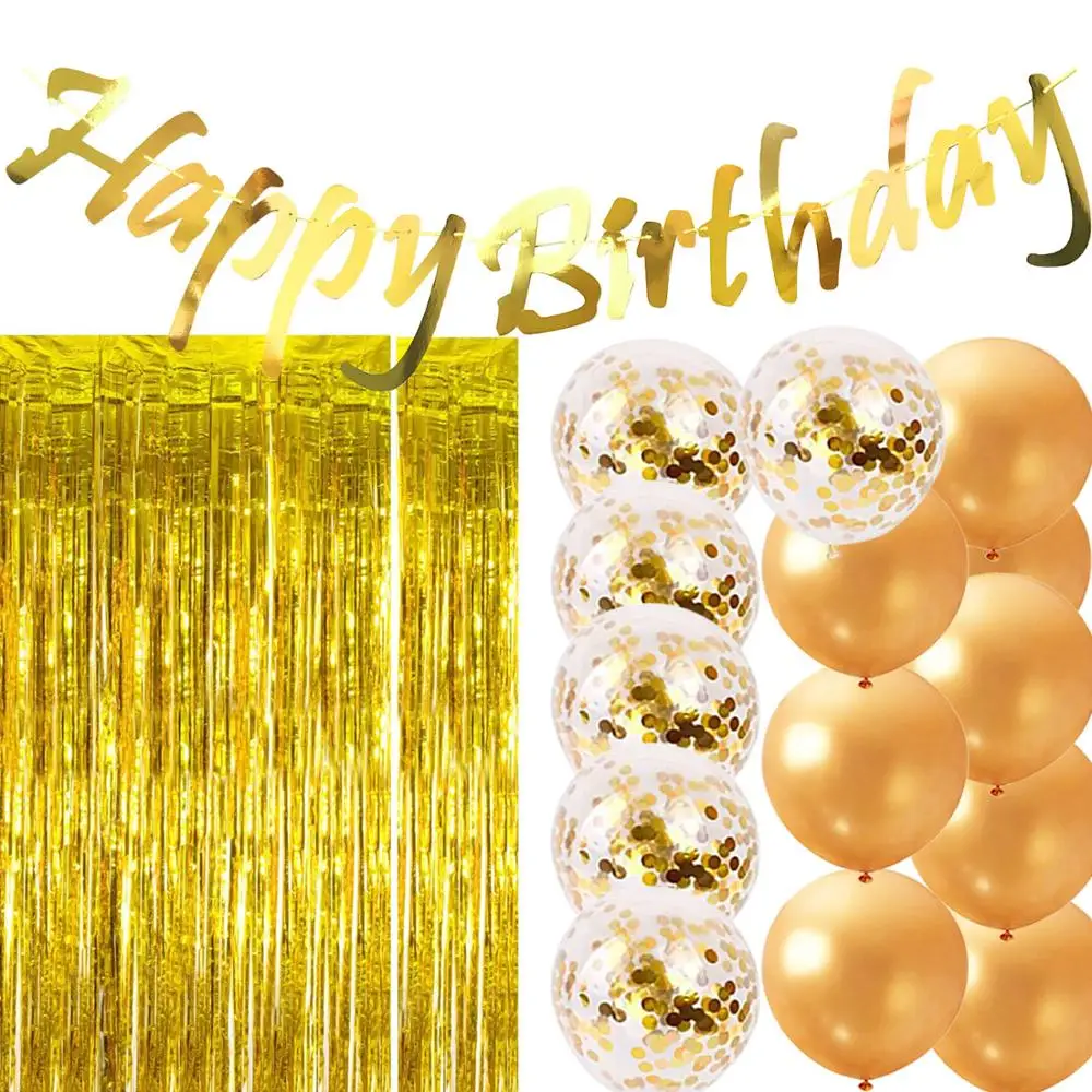Золотые украшения для вечеринки по случаю Дня рождения, праздничные принадлежности, баннер на день рождения, 20 воздушных шаров Конфетти, фон для фотобудки размером 3,3 х 6,6 фута 0