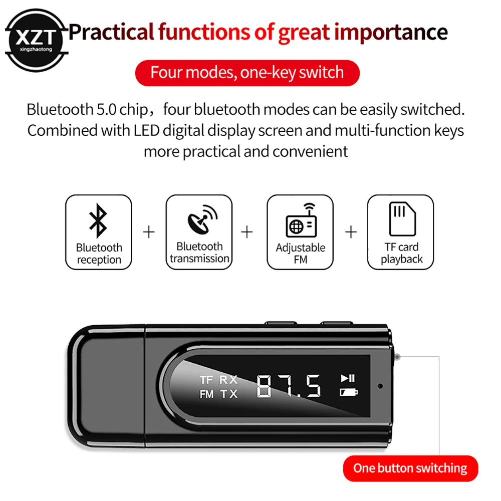 Автомобильный приемник-передатчик 6 в 1 Bluetooth 5.0 USB со светодиодным дисплеем MP3-плеер TF Автомобильный FM-AUX Аудио Стерео Адаптер с двойным выходом 1