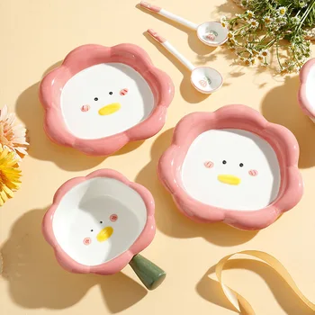 Керамическая салатница в форме цветка для десертов и закусок с милым розовым мультяшным дизайном, подносы для салата, хлеба и тортов