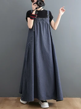 Летнее платье Женское 2023, синее, модная Корейская одежда, Уличная одежда, джинсовая ткань длиной до щиколоток, Свободный винтажный длинный халат большого размера без рукавов