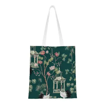 Изготовленные на заказ сумки для покупок в стиле Шинуазри Фэншуй с восточным цветочным узором, зеленые холщовые сумки для покупок, женские прочные сумки для покупок