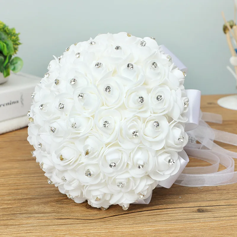 Элегантный свадебный букет невесты, связанный вручную, белая роза со стразами, яркая искусственная роза, украшение для фестиваля Романтической вечеринки 1