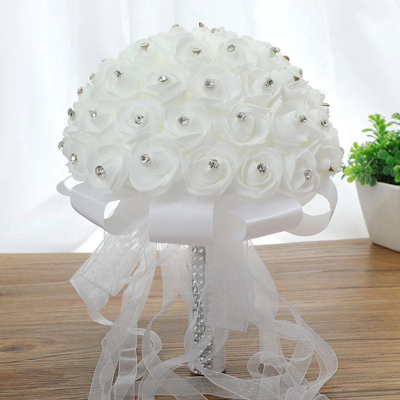 Элегантный свадебный букет невесты, связанный вручную, белая роза со стразами, яркая искусственная роза, украшение для фестиваля Романтической вечеринки 2