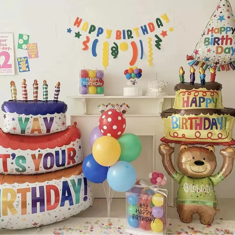Воздушные шары для Торта С Днем Рождения, Большие 3-Слойные Цветные Свечи, Воздушные Шары Для Торта с Медведем, Баллон для Детского Дня Рождения, Декоры Для Душа Ребенка 2