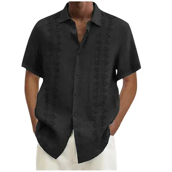 Хлопковая блузка Летняя Мужская с отложным воротником, коротким рукавом и пуговицами, Свободная блузка, Топы, повседневные пляжные рубашки размера Оверсайз M-4xl