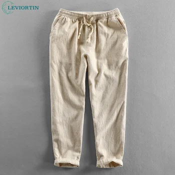 Мужские льняные хлопчатобумажные брюки с эластичной резинкой на талии, легкие повседневные спортивные брюки, Японские пляжные брюки Harajuku, плюс размер 5XL