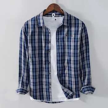 Мужская одежда 2023, японская свежая синяя рубашка в клетку с длинными рукавами, повседневная мужская рубашка в полоску