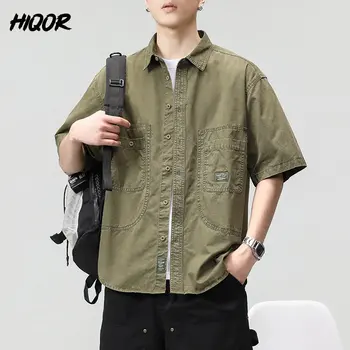 Мужская рубашка HIQOR, повседневные однотонные летние рубашки с коротким рукавом, модные однобортные рубашки-карго из 100% хлопка, винтажная рубашка-карго ArmyGreen, мужская рубашка