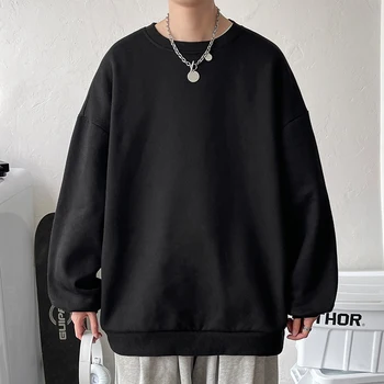 Мужские толстовки Harajuku, Корейские однотонные базовые пуловеры с круглым вырезом, Весна-осень, простые модные повседневные топы 5XL-M