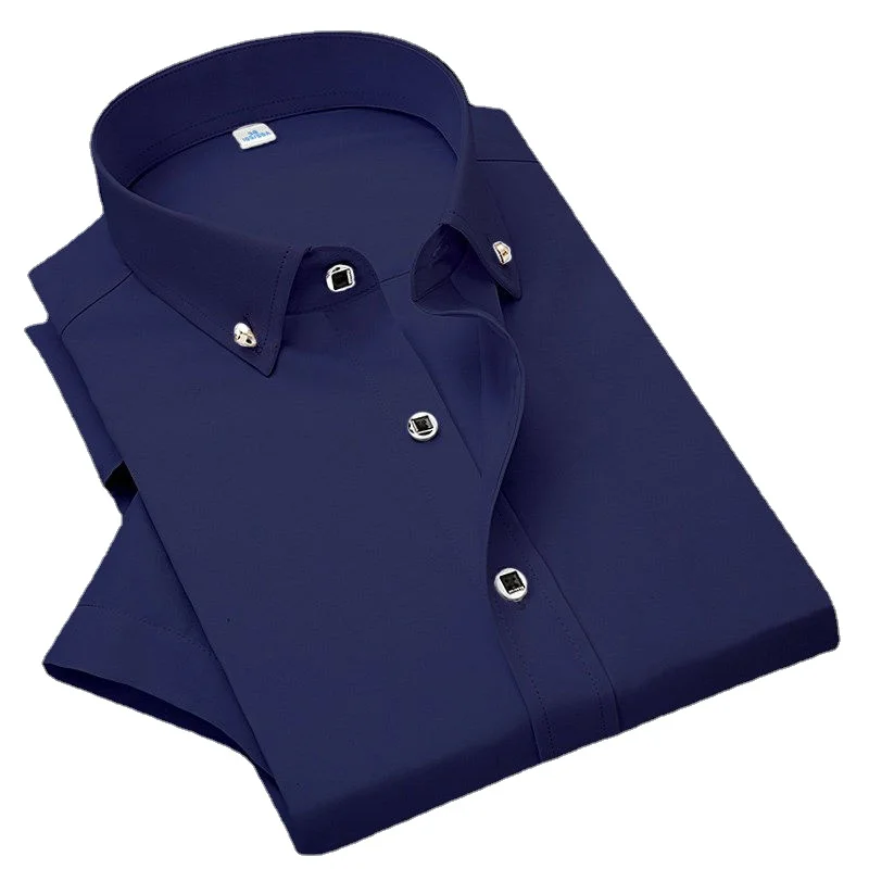 Новая мужская рубашка с коротким рукавом, не глаженая, однотонная мужская одежда, деловые рубашки, облегающие белые, черные, синие, мужские рубашки высокого качества 4