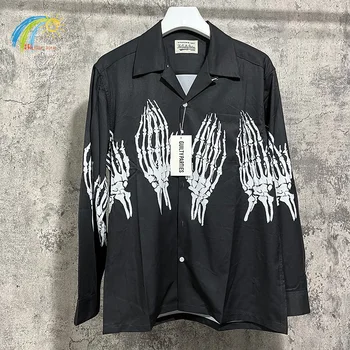 Уличная одежда Skeleton Ghost Claw С полной печатью, Рубашки с длинными рукавами WACKO MARIA, Мужские, женские, Гавайские, пляжные, Свободные, Черные рубашки с биркой