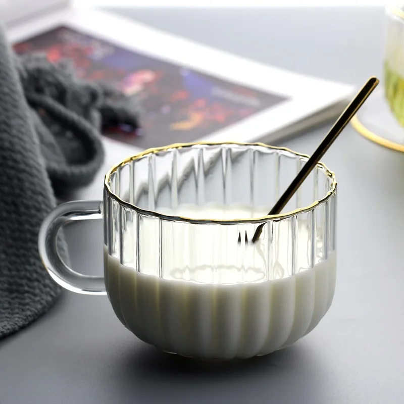 Прозрачная Креативная Стеклянная Кофейная Чайная Кружка Напиток Десерт Завтрак Чашка Молока Бытовая Ручка Кофейная Чашка Большой Емкости с Ложкой 3