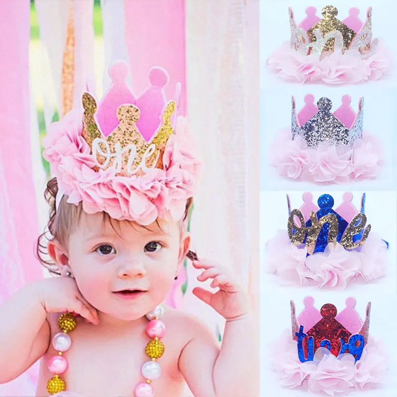 День рождения в короне для девочек, кружевная цветочная повязка на голову, детская принцесса, двухлетняя блестящая шляпка, Золотая лента для волос, украшения для душа ребенка 0