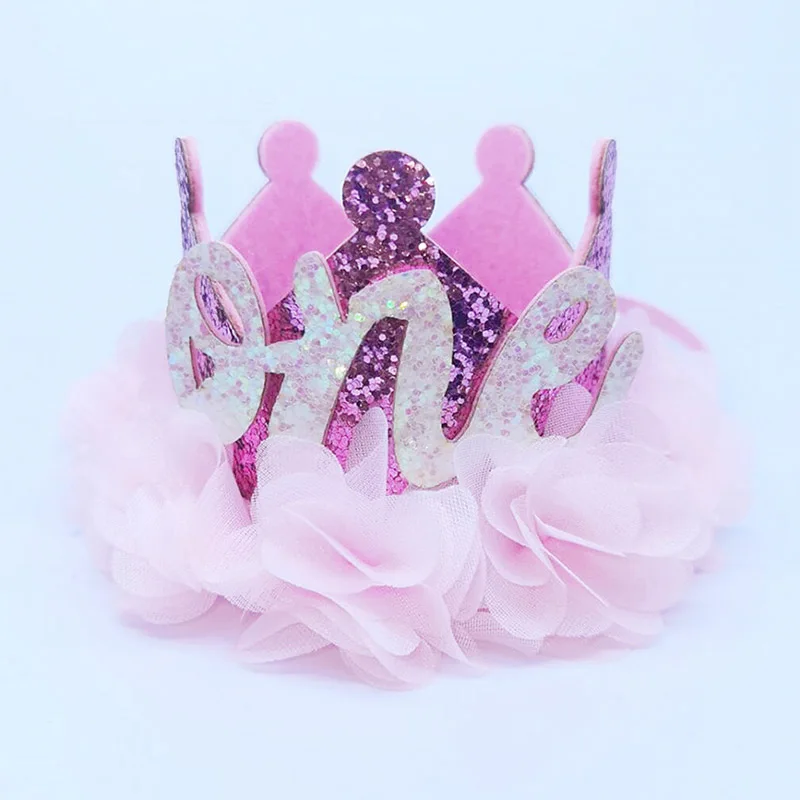 День рождения в короне для девочек, кружевная цветочная повязка на голову, детская принцесса, двухлетняя блестящая шляпка, Золотая лента для волос, украшения для душа ребенка 2