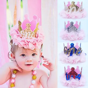 День рождения в короне для девочек, кружевная цветочная повязка на голову, детская принцесса, двухлетняя блестящая шляпка, Золотая лента для волос, украшения для душа ребенка