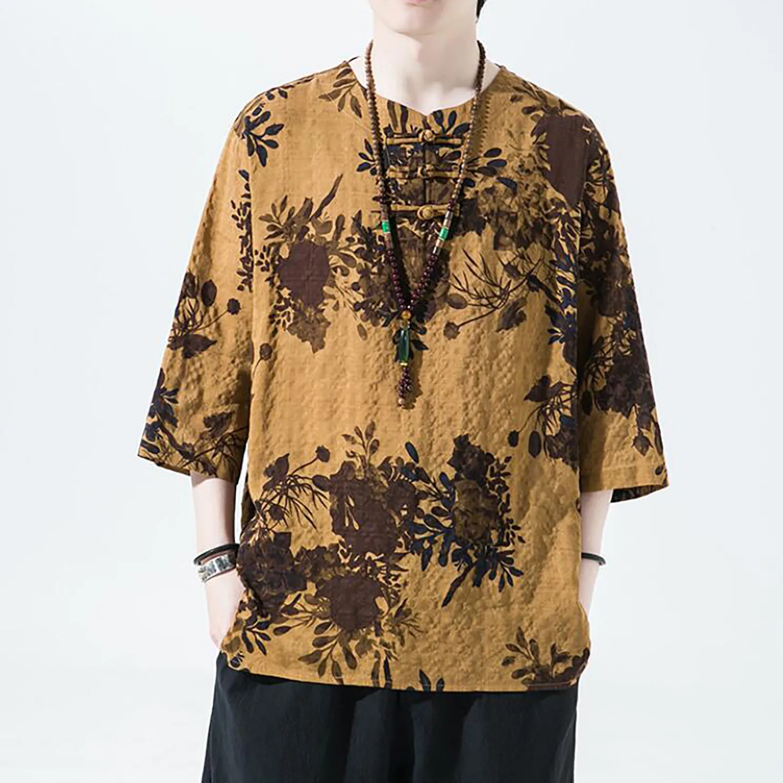Мужская модная рубашка с коротким рукавом Пляжные топы с круглым вырезом и завязками для йоги в Африканском стиле Летние топы в цветочную полоску 0