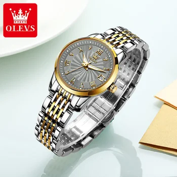 Женские автоматические механические часы OLEVS, роскошные женские наручные часы от ведущего бренда, водонепроницаемые часы со светящимся стальным ремешком 6630