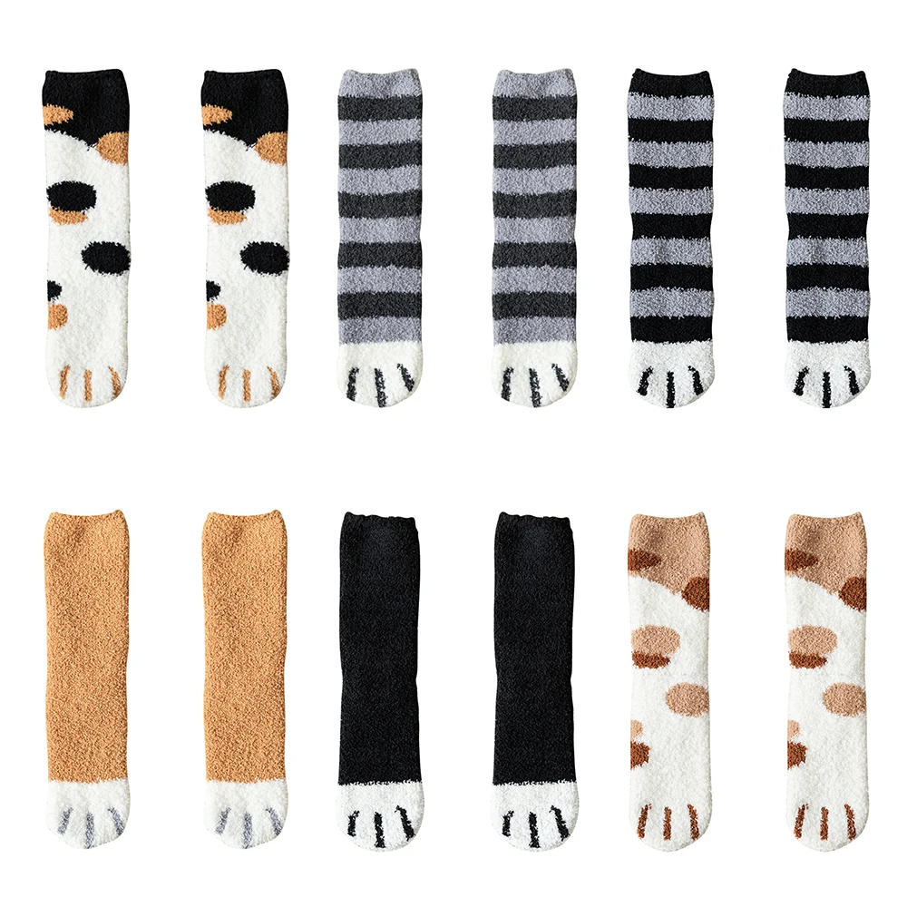 1-10 шт., 1 пара носков с кошачьими когтями, женские носки-трубки для девочек, осенне-зимние милые толстые теплые носки для сна на полу, Домашняя жизнь 3