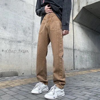 Высокие уличные прямые коричневые джинсы в стиле ретро, мужская уличная одежда, прямые джинсовые брюки в стиле хип-хоп, Модные повседневные джинсы, мужские брюки