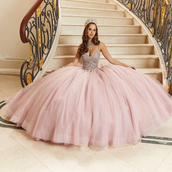 Розовые Пышные платья Vestidos De 15 Anos, Спагетти-ремень, Тюль, Бисер, Хрусталь, Вечерние платья для вечеринок, Прекрасное платье для выпускного вечера