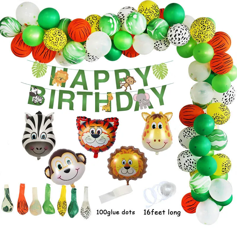 Украшения для детского дня рождения в джунглях Животные в Джунглях Лев Сафари Торт для душа ребенка Флаг Воздушные шары из фольги Одноразовая посуда 4