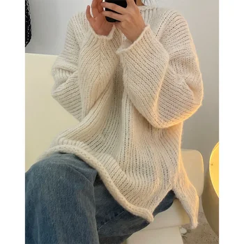 Женский элегантный свитер в корейском стиле харадзюку, свободный пуловер, осенний повседневный однотонный милый Уникальный джемпер, вязаный топ