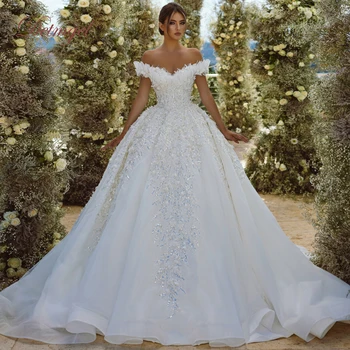 Новое Изысканное Свадебное платье трапециевидной формы с открытой спиной, украшенное кружевной цветочной аппликацией, расшитое бисером Платье Принцессы невесты
