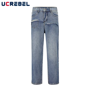 Уличная одежда, рваные джинсовые брюки, мужские синие джинсы с прямыми штанинами, выстиранные на улице, свободного кроя