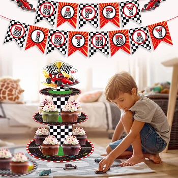 3-уровневая мультяшная гоночная машина, гоночная игра, День рождения, Бумажный торт, подставка для украшения кексов, Декорации для вечеринки в честь детского душа.