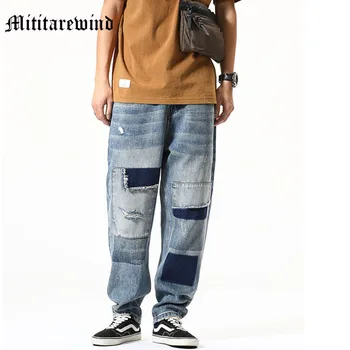 Свободные Мужские брюки Four Seasons в винтажном американском стиле, прямые джинсы в стиле пэчворк Длиной до щиколоток, широкие мешковатые Простые джинсовые брюки