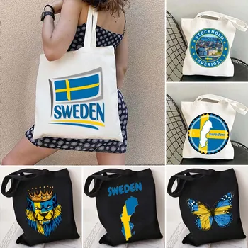 Европа Швеция Флаг Карта Герб Стокгольма Сердце Любви Шведский Сувенир Достопримечательность Милые покупки Холщовая сумка-тоут Сумка для покупок