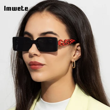 Imwete Квадратные маленькие солнцезащитные очки для женщин с вырезанными висками пламени, прямоугольные солнцезащитные очки для мужчин, Винтажный дизайн бренда, Черные очки