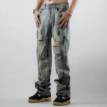Мужские Рваные джинсы с дырками, мужская уличная одежда, Модный тренд, Хип-хоп, Свободные повседневные джинсовые Брюки, Брюки