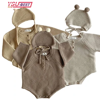 Осенний комбинезон для новорожденных Мальчиков и девочек, вязаный свитер, боди, комбинезон с длинными рукавами для маленьких девочек, Хлопчатобумажная одежда для малышей